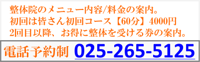 整体院のメニューの内容と料金の紹介。初回コース60分4000円